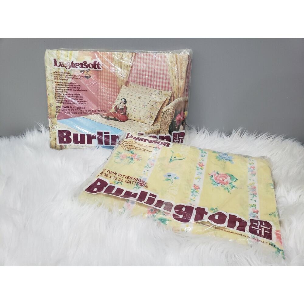 Vintage NOS Burlington Lustersoft Floral Print TWIN FLAT & FITTED flower retro‎